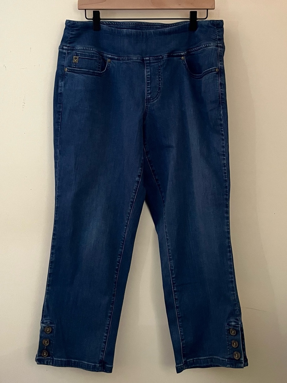 Belle by Kim Gravel Mid-Rise Jeans in Blue Denim with Button Tab